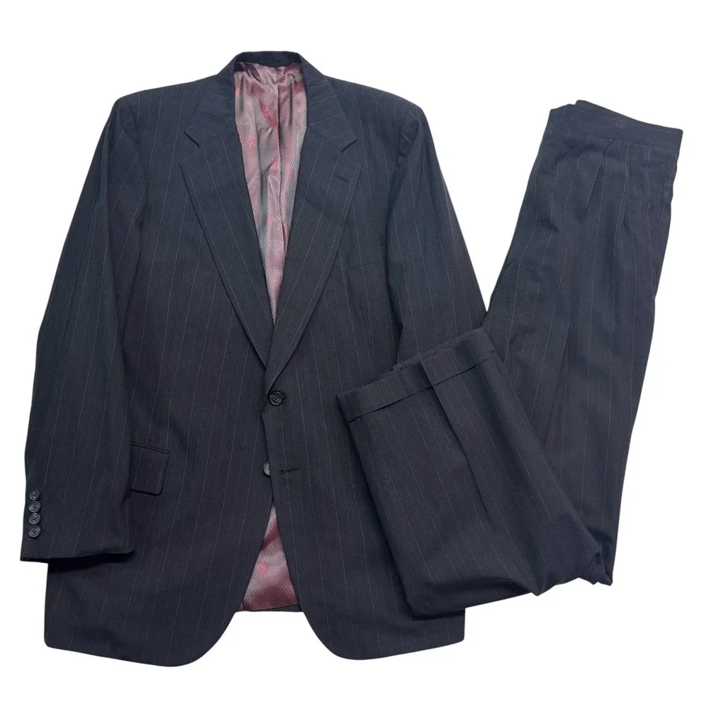 vtg 90s Tom James 46L 37x33 Charcoal Pinstripe 2pc Pant Suit Wool USA Pleated
